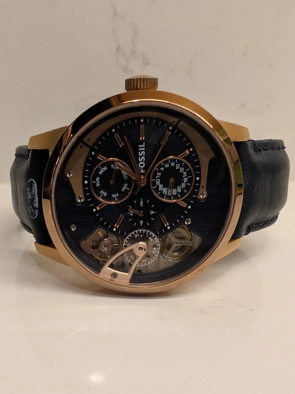 Fossil Townsman ME1138 Twist Skeleton Rose Gold Blue Leather Men’s Watch